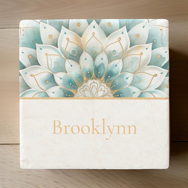 Posavasos De Piedra Mandala floral de oro azul verde azulado personali (Subido por el creador)