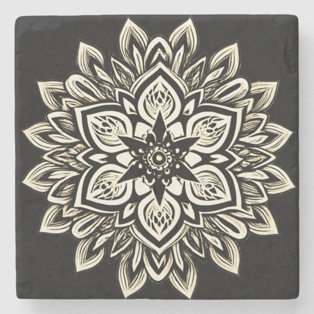 Posavasos De Piedra mandala floral rosa y blanco pastel (Anverso)