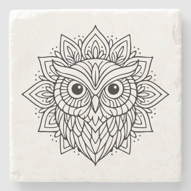 Posavasos De Piedra Mandala Owl Head Line Art (Anverso)