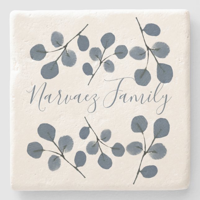 Posavasos De Piedra Mano Botánica Azul Eucalyptus Pintada (Anverso)
