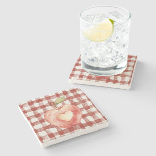 Posavasos De Piedra Manzana Corazón Cuadros Rojos Blancos Rayas