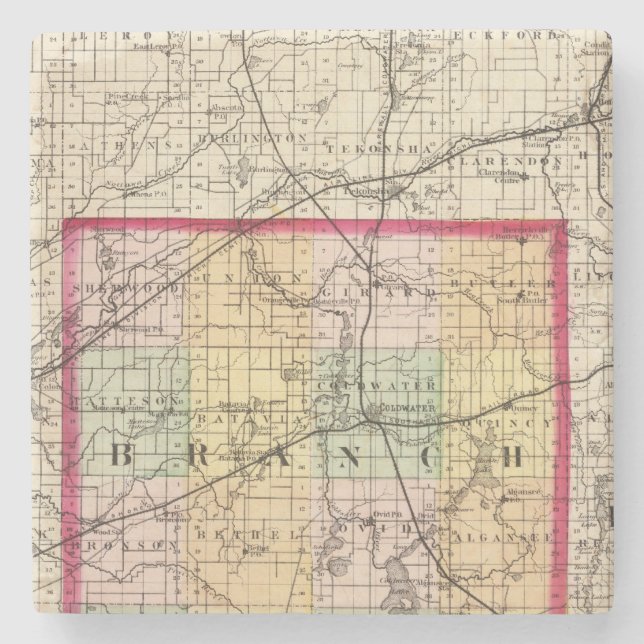 Posavasos De Piedra Mapa del condado de Branch, Michigan (Anverso)