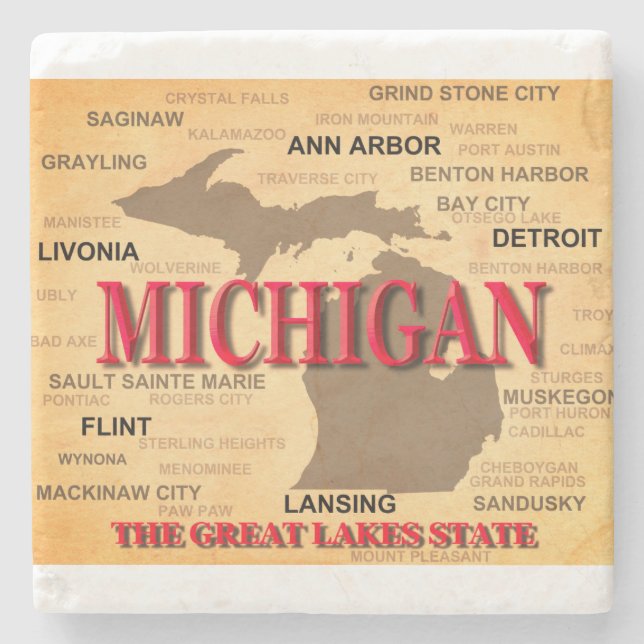 Posavasos De Piedra Mapa del estado de Michigan, Detroit, Lansing (Anverso)