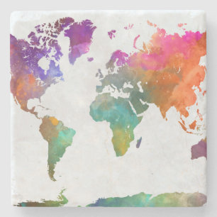 Posavasos De Piedra Mapa Mundial de Acuarela