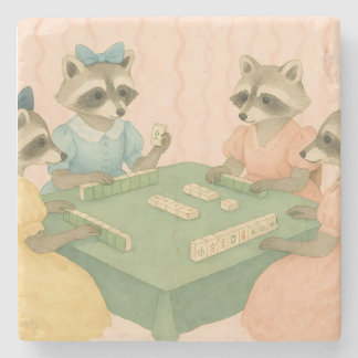 Posavasos De Piedra Mapaches Lindos Vintage Jugando Mahjong