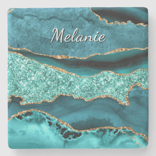 Posavasos De Piedra Marble de oro azul verde azulado Nombre personaliz (Anverso)