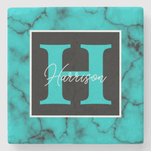 Posavasos De Piedra Marble turquesa Sofisticado nombre en monograma