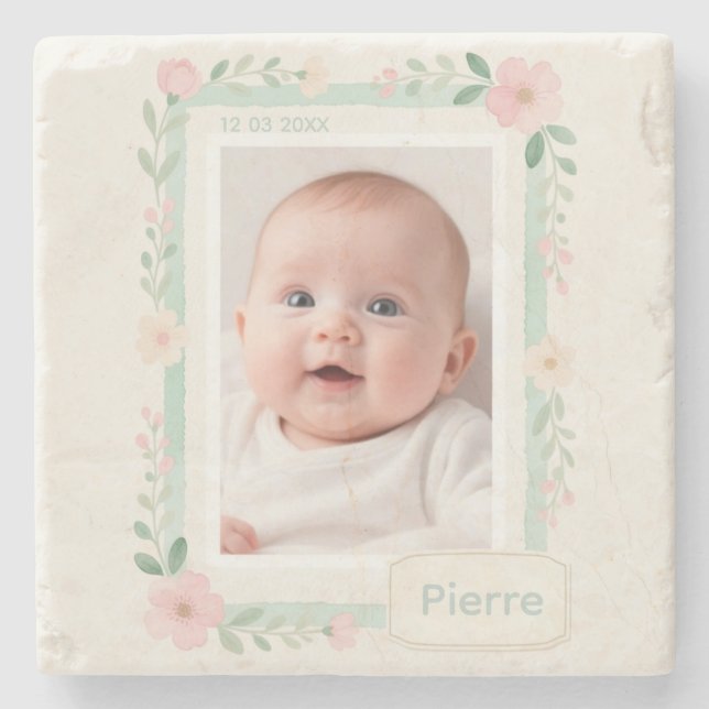 Posavasos De Piedra Marco de Foto Vacío Floral Acuarela Pastel (Anverso)