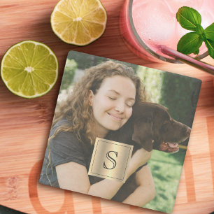 Posavasos De Piedra Marco de Oro para Foto Personalizado y Monograma N