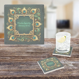 Posavasos De Piedra Marco de Pavo Real Verde Dorado Personalizable 