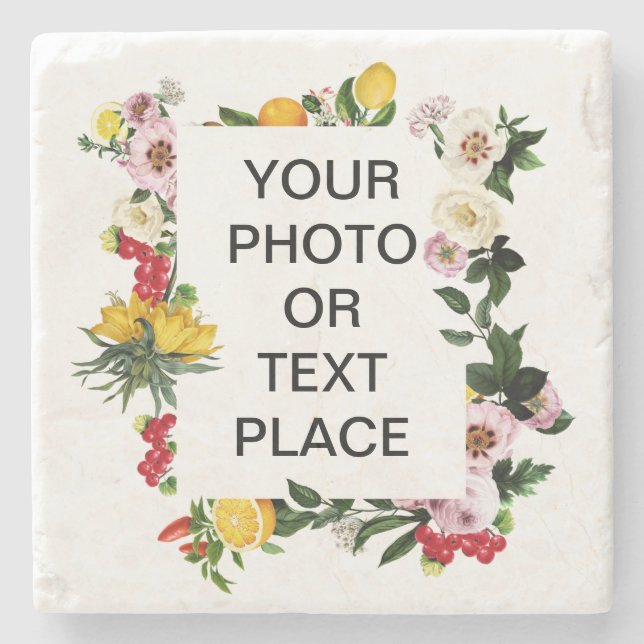 Posavasos De Piedra Marco mediterráneo personalizable afrutado floral  (Anverso)