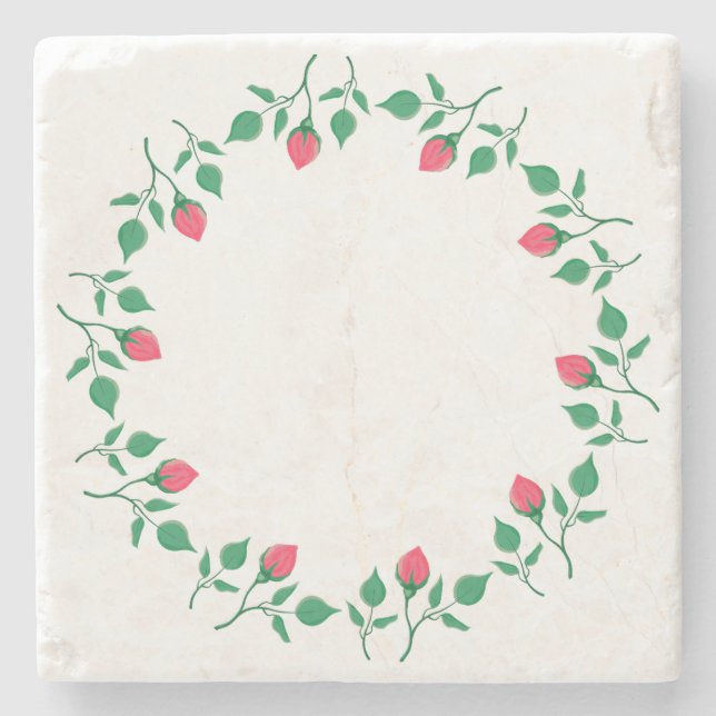 Posavasos De Piedra Marco redondo floral con flores rosadas (Anverso)