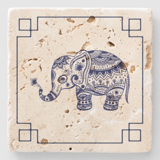 Posavasos De Piedra Marco simple de Ilustracion de elefante azul (Anverso)