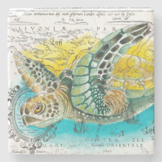 Posavasos De Piedra Marea Turtle Watercolor Vintage Mapa blanco