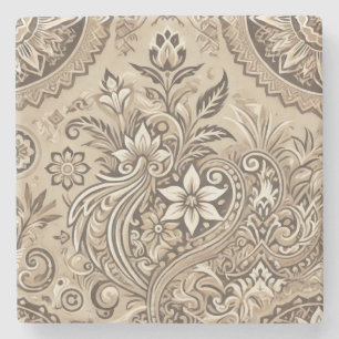 Posavasos De Piedra Marfil Beige Boho Floral Indonesia Batik Watercolo