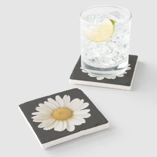 Posavasos De Piedra Margarita blanca sobre fondo negro floral
