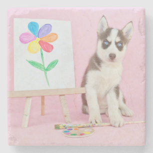Posavasos De Piedra Marioneta pintando una flor arco iris
