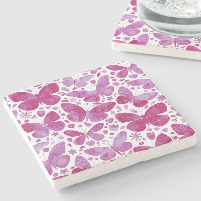 Posavasos De Piedra Mariposa acuarela Magenta rosa (Magenta hot pink watercolor butterfly pattern stone coasters)
