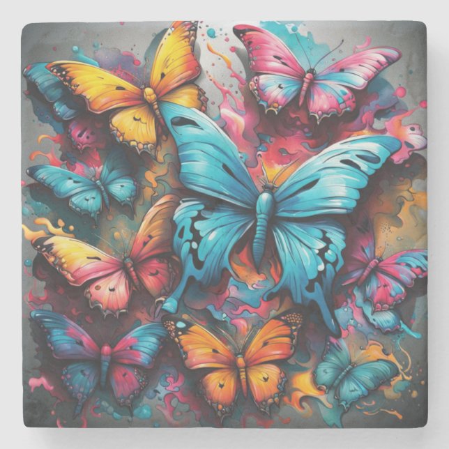 Posavasos De Piedra Mariposa Colorida  (Anverso)