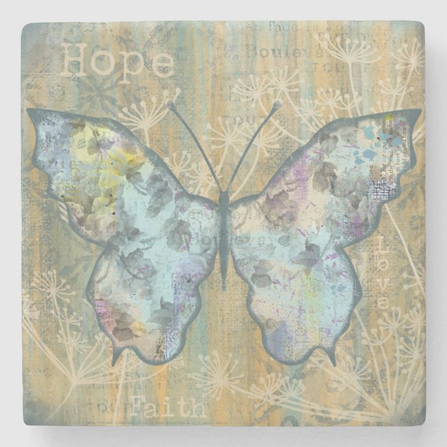 Posavasos De Piedra Mariposa de "fe, esperanza y amor" (Anverso)
