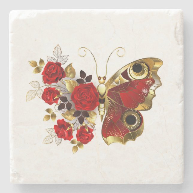 Posavasos De Piedra Mariposa de flor roja con rosas rojas (Anverso)