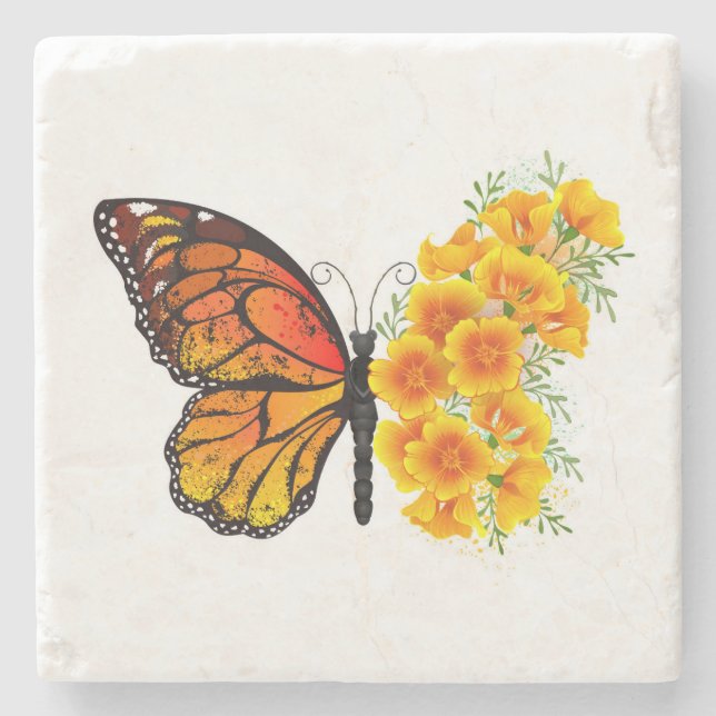 Posavasos De Piedra Mariposa de flores con amapola amarilla de Califor (Anverso)