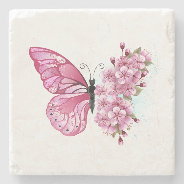 Posavasos De Piedra Mariposa de flores con Sakura rosa (Anverso)