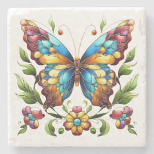 Posavasos De Piedra Mariposa de vidrio coloreado con flores
