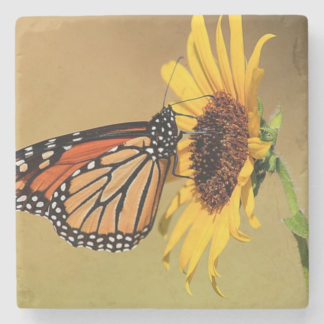 Posavasos De Piedra Mariposa monarca y girasol (Anverso)