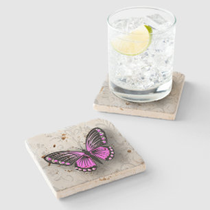 Posavasos De Piedra Mariposa rosa caprichosa de la flor gris