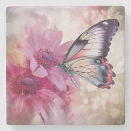 Posavasos De Piedra Mariposa soñadora con flores rosas