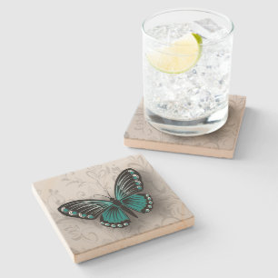Posavasos De Piedra Mariposa Verde azulada caprichosa en flor gris