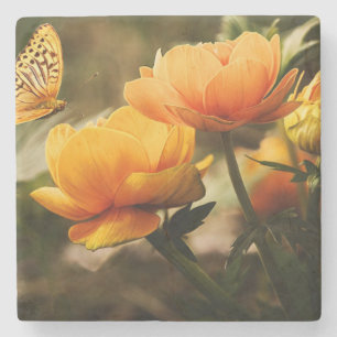 Posavasos De Piedra Mariposa y flores naranjas