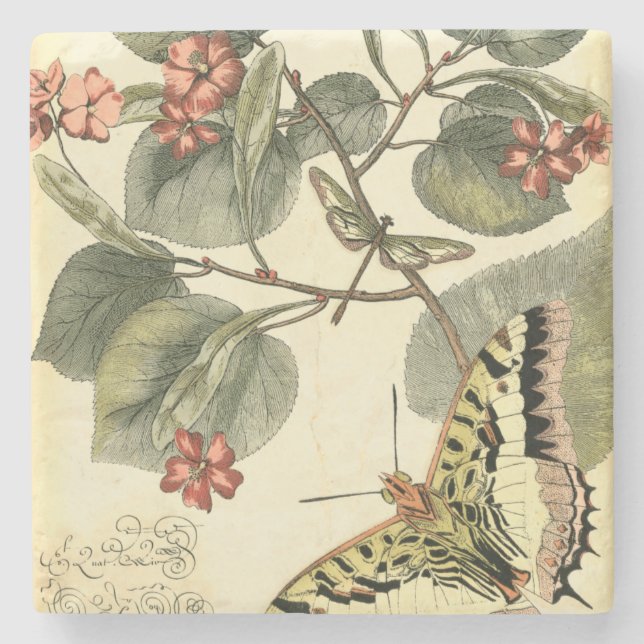 Posavasos De Piedra Mariposa y libélula con flores rojas (Anverso)