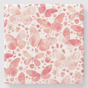 Posavasos De Piedra Mariposas Acuarela Coral Rosa