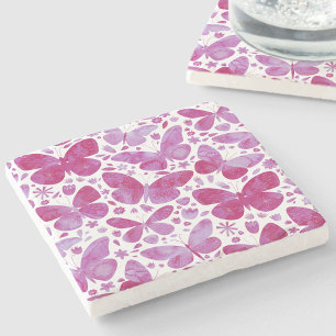 Posavasos De Piedra Mariposas Acuarela Magenta Rosa
