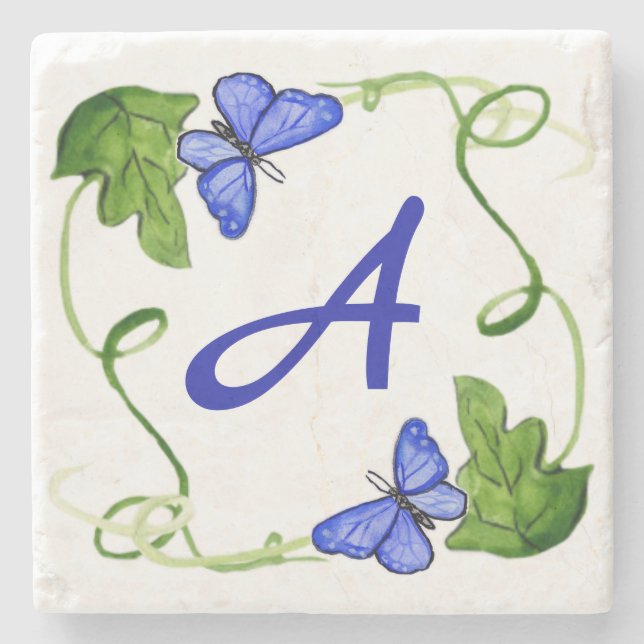 Posavasos De Piedra Mariposas azules Personalizado hoja verde monogram (Anverso)