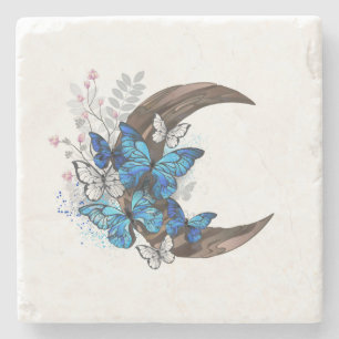 Posavasos De Piedra Mariposas azules sobre la media luna de madera