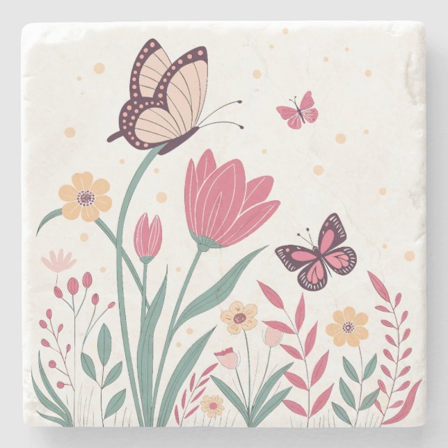 Posavasos De Piedra Mariposas con tulipanes rosados y margaritas amari (Anverso)