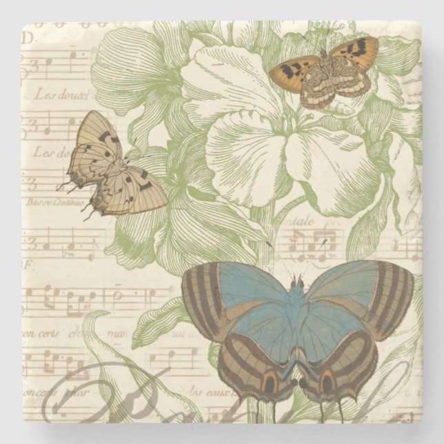 Posavasos De Piedra Mariposas en partitura con diseño floral (Anverso)