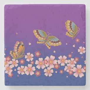 Posavasos De Piedra Mariposas japonesas en medio del Sakura florecen e