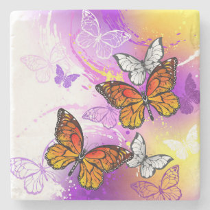 Posavasos De Piedra Mariposas monarcas en fondo morado