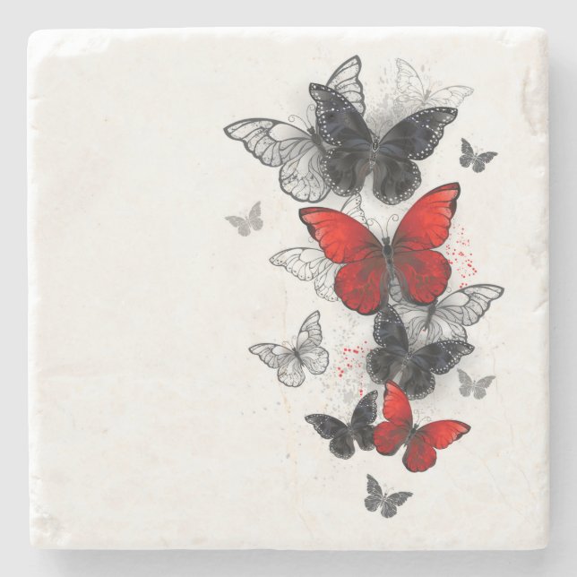Posavasos De Piedra Mariposas Morpho voladoras negras y rojas (Anverso)