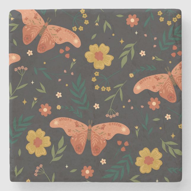 Posavasos De Piedra Mariposas y flores dibujando a mano (Anverso)