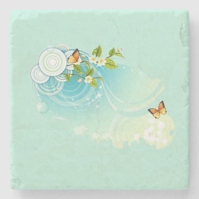 Posavasos De Piedra Mariposas y flores en flor (Anverso)