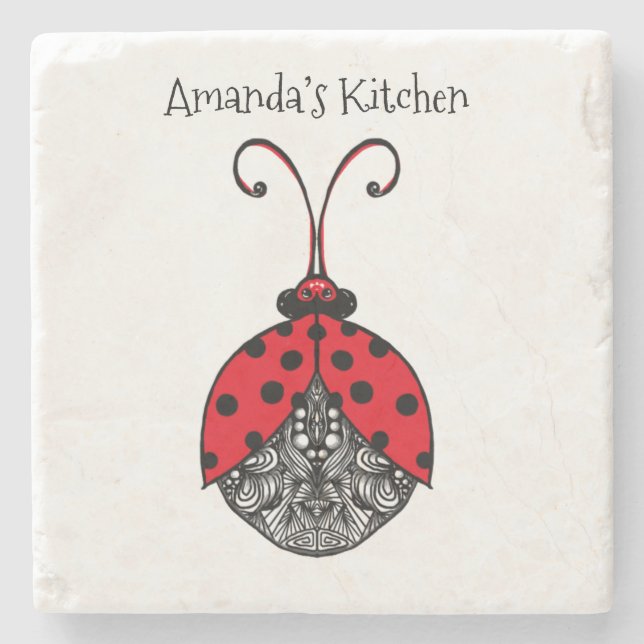 Posavasos De Piedra Mariquita de líneas enredadas rojas, negras y blan (Anverso)