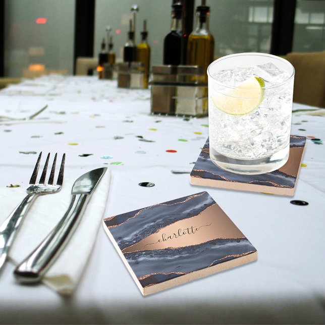 Posavasos De Piedra Mármol ágata azul rosa oro nombre script (Subido por el creador)