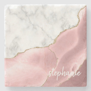 Posavasos De Piedra Mármol Blanco Agata Rosa Claro Oro