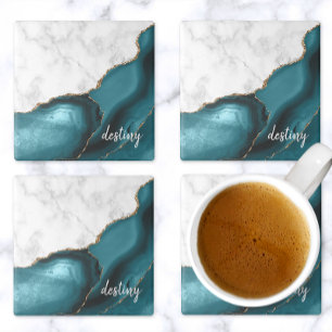 Posavasos De Piedra Mármol blanco firma ágata teal oro