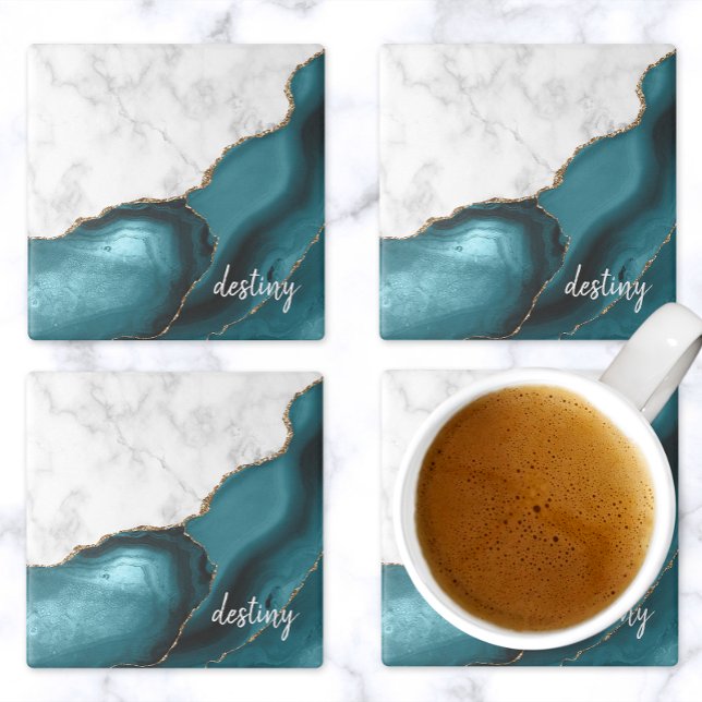 Posavasos De Piedra Mármol blanco firma ágata teal oro (Subido por el creador)